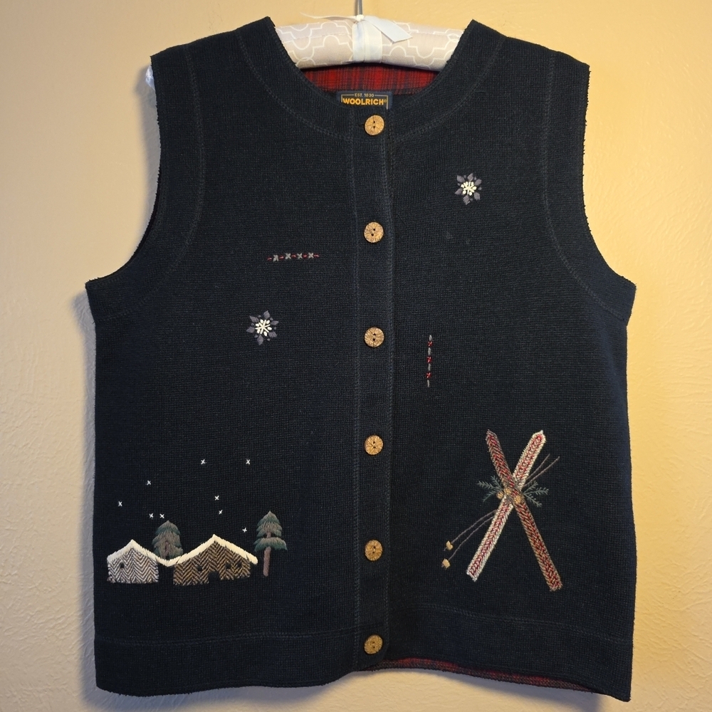 Vtg Woolrich Black Knit Vest Medium - Winter Cabin Skis Snowflake Embroidery